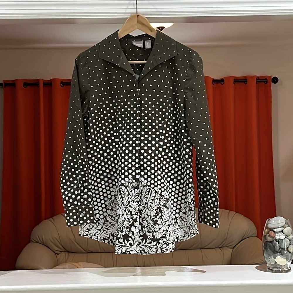 Chico’s Brown White Polka Dot Long Sleeve Button Up Chico’s Size 0 = US Size S